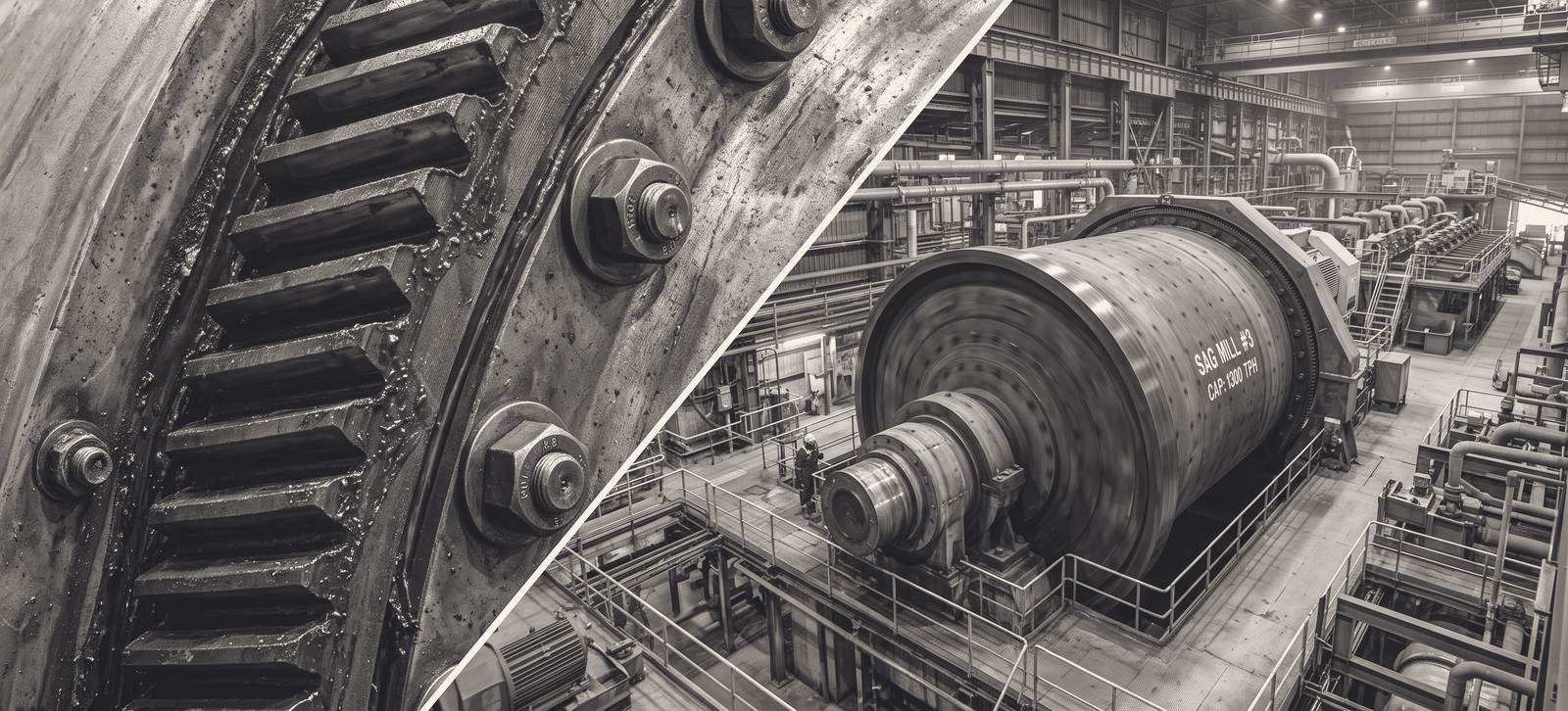 Lubricated open girth gear teeth and rim bolts, beside a SAG mill in a concentrator building